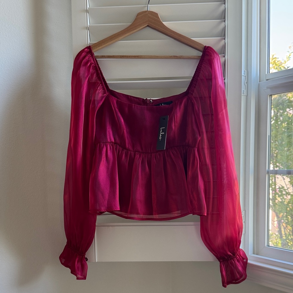 NEW Lulu's Red Puff Sleeve Romantic Sheer Blouse
